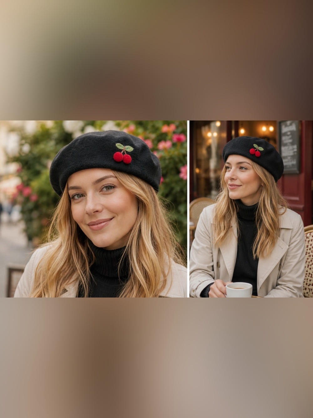 Cherry Embroidered Black Beret Hat